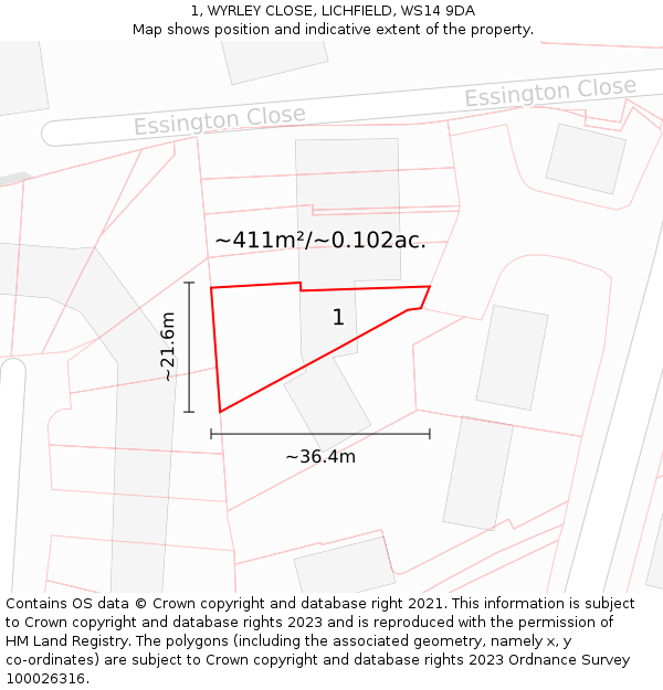 1, WYRLEY CLOSE, LICHFIELD, WS14 9DA: Plot and title map