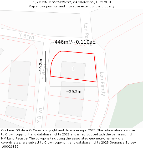 1, Y BRYN, BONTNEWYDD, CAERNARFON, LL55 2UN: Plot and title map
