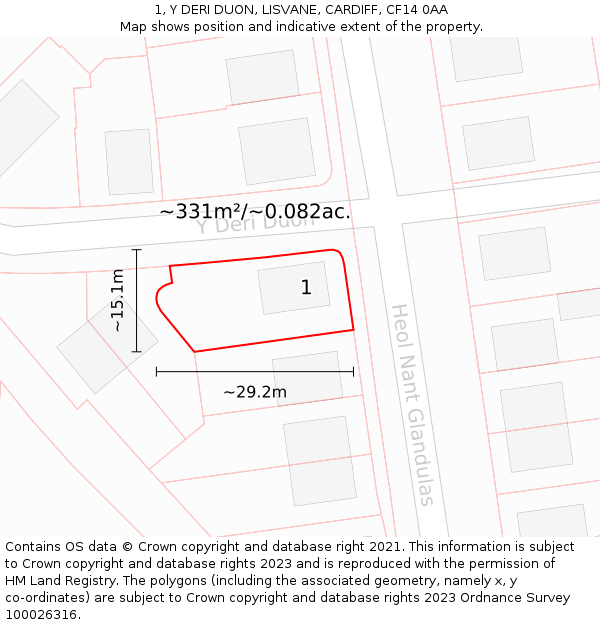 1, Y DERI DUON, LISVANE, CARDIFF, CF14 0AA: Plot and title map