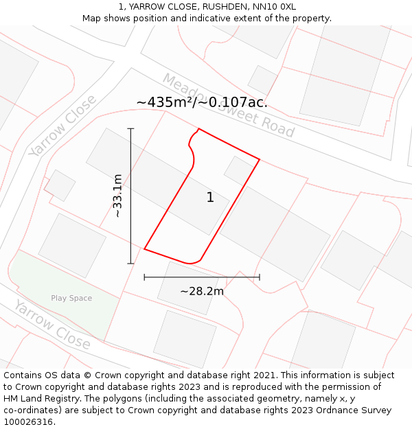 1, YARROW CLOSE, RUSHDEN, NN10 0XL: Plot and title map