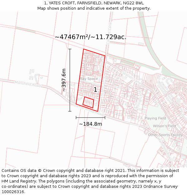 1, YATES CROFT, FARNSFIELD, NEWARK, NG22 8WL: Plot and title map