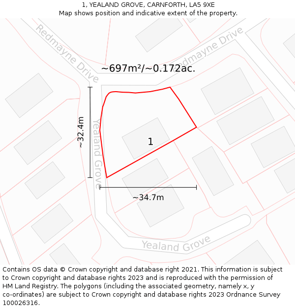 1, YEALAND GROVE, CARNFORTH, LA5 9XE: Plot and title map