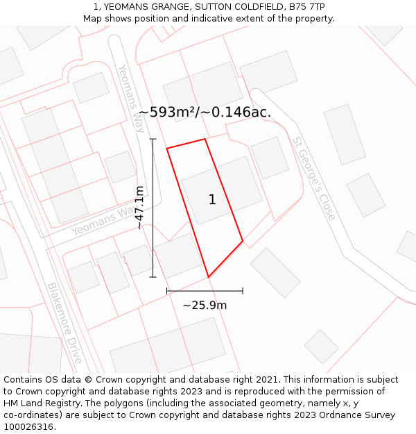 1, YEOMANS GRANGE, SUTTON COLDFIELD, B75 7TP: Plot and title map