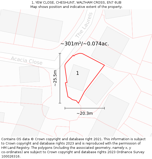 1, YEW CLOSE, CHESHUNT, WALTHAM CROSS, EN7 6UB: Plot and title map