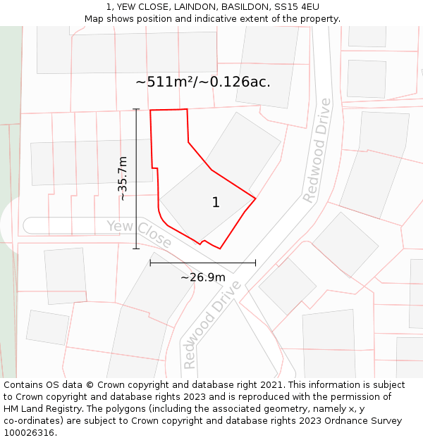 1, YEW CLOSE, LAINDON, BASILDON, SS15 4EU: Plot and title map