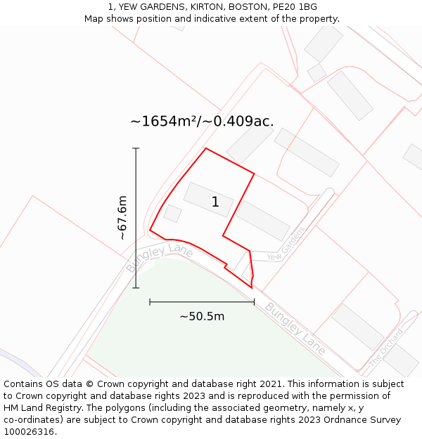 1, YEW GARDENS, KIRTON, BOSTON, PE20 1BG: Plot and title map