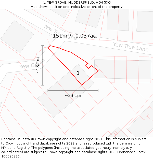 1, YEW GROVE, HUDDERSFIELD, HD4 5XG: Plot and title map