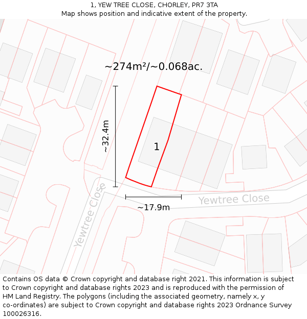 1, YEW TREE CLOSE, CHORLEY, PR7 3TA: Plot and title map
