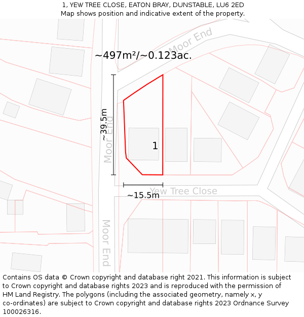 1, YEW TREE CLOSE, EATON BRAY, DUNSTABLE, LU6 2ED: Plot and title map