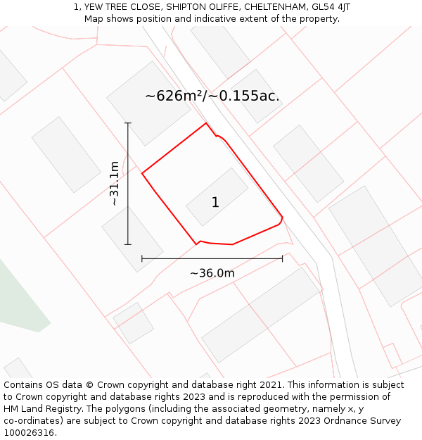 1, YEW TREE CLOSE, SHIPTON OLIFFE, CHELTENHAM, GL54 4JT: Plot and title map