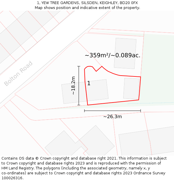 1, YEW TREE GARDENS, SILSDEN, KEIGHLEY, BD20 0FX: Plot and title map