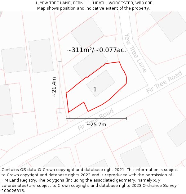 1, YEW TREE LANE, FERNHILL HEATH, WORCESTER, WR3 8RF: Plot and title map