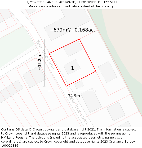 1, YEW TREE LANE, SLAITHWAITE, HUDDERSFIELD, HD7 5HU: Plot and title map
