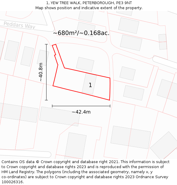 1, YEW TREE WALK, PETERBOROUGH, PE3 9NT: Plot and title map