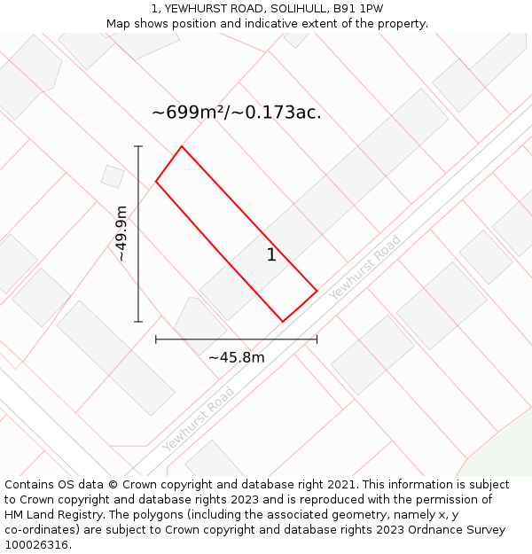 1, YEWHURST ROAD, SOLIHULL, B91 1PW: Plot and title map