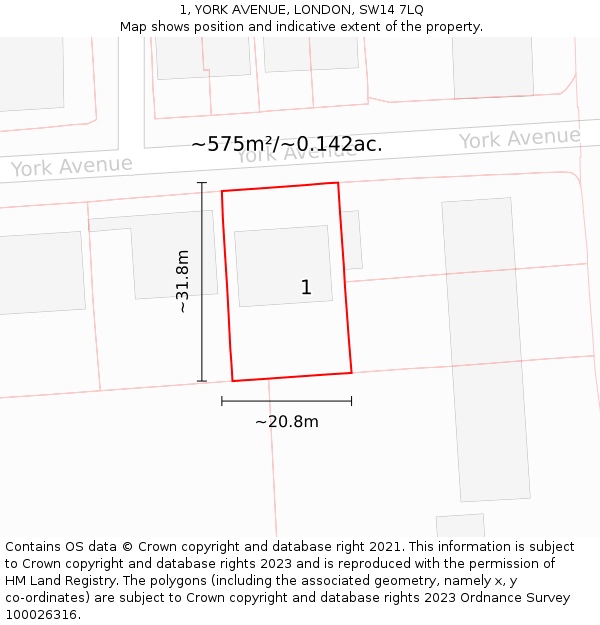 1, YORK AVENUE, LONDON, SW14 7LQ: Plot and title map