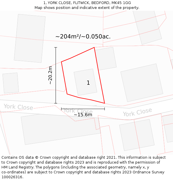 1, YORK CLOSE, FLITWICK, BEDFORD, MK45 1GG: Plot and title map