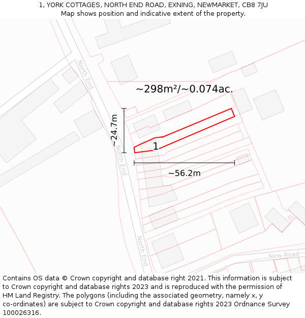 1, YORK COTTAGES, NORTH END ROAD, EXNING, NEWMARKET, CB8 7JU: Plot and title map