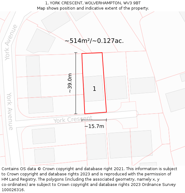 1, YORK CRESCENT, WOLVERHAMPTON, WV3 9BT: Plot and title map