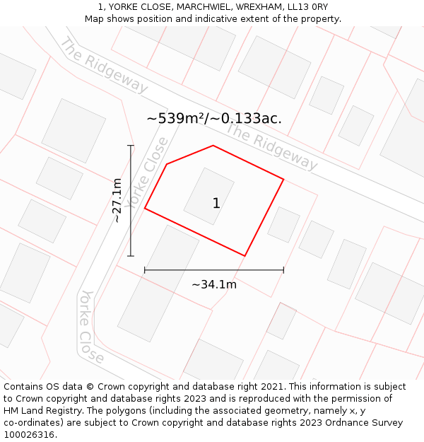 1, YORKE CLOSE, MARCHWIEL, WREXHAM, LL13 0RY: Plot and title map