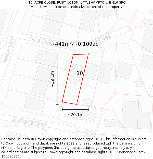 10, ACRE CLOSE, RUSTINGTON, LITTLEHAMPTON, BN16 3PG: Plot and title map
