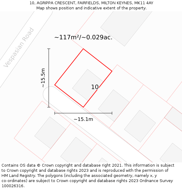 10, AGRIPPA CRESCENT, FAIRFIELDS, MILTON KEYNES, MK11 4AY: Plot and title map