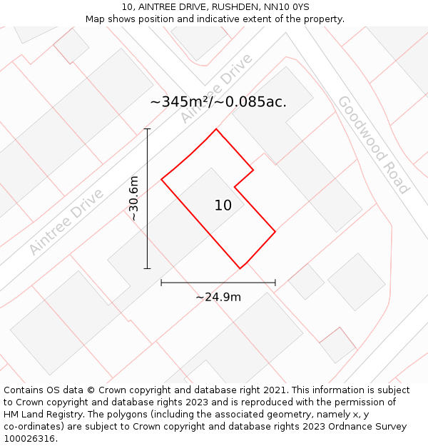 10, AINTREE DRIVE, RUSHDEN, NN10 0YS: Plot and title map