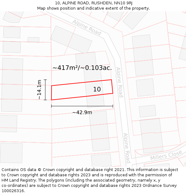 10, ALPINE ROAD, RUSHDEN, NN10 9RJ: Plot and title map