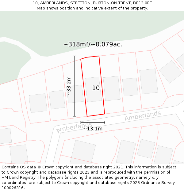 10, AMBERLANDS, STRETTON, BURTON-ON-TRENT, DE13 0PE: Plot and title map
