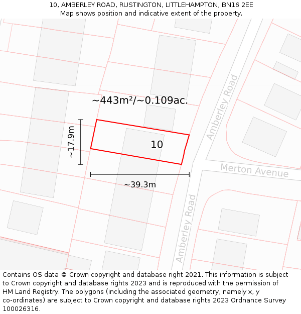 10, AMBERLEY ROAD, RUSTINGTON, LITTLEHAMPTON, BN16 2EE: Plot and title map