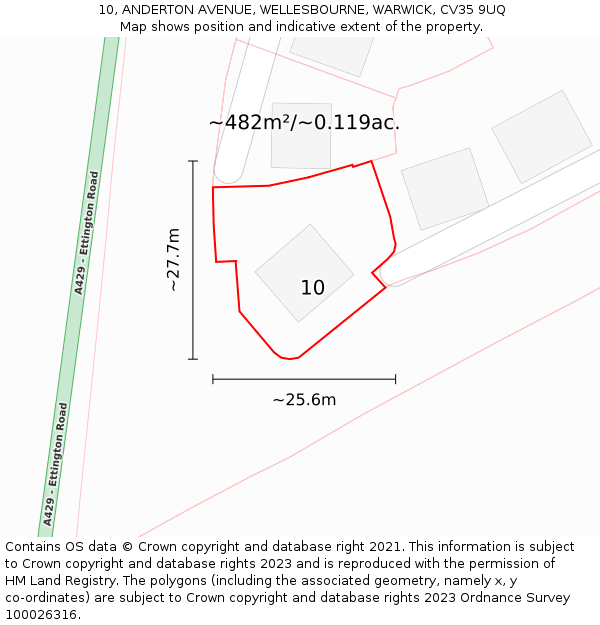 10, ANDERTON AVENUE, WELLESBOURNE, WARWICK, CV35 9UQ: Plot and title map