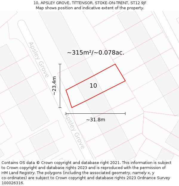 10, APSLEY GROVE, TITTENSOR, STOKE-ON-TRENT, ST12 9JF: Plot and title map