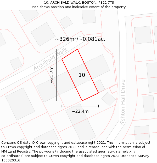 10, ARCHIBALD WALK, BOSTON, PE21 7TS: Plot and title map