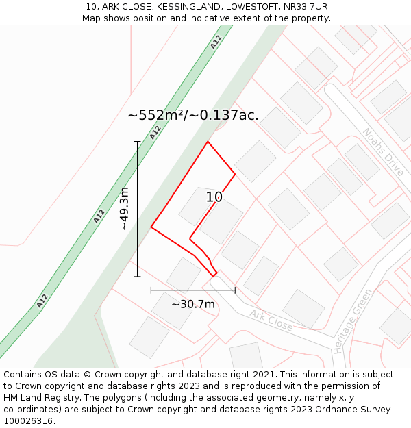 10, ARK CLOSE, KESSINGLAND, LOWESTOFT, NR33 7UR: Plot and title map