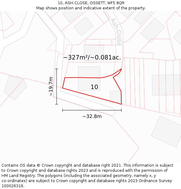 10, ASH CLOSE, OSSETT, WF5 8QR: Plot and title map