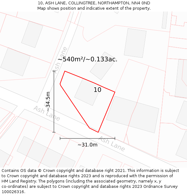 10, ASH LANE, COLLINGTREE, NORTHAMPTON, NN4 0ND: Plot and title map