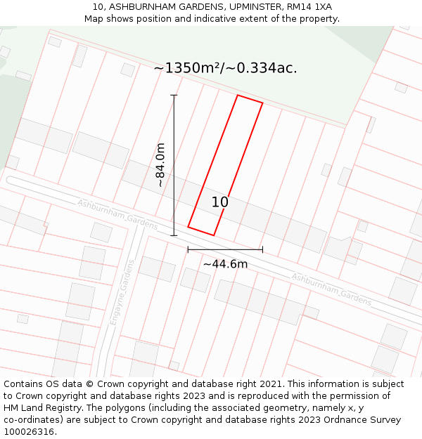 10, ASHBURNHAM GARDENS, UPMINSTER, RM14 1XA: Plot and title map