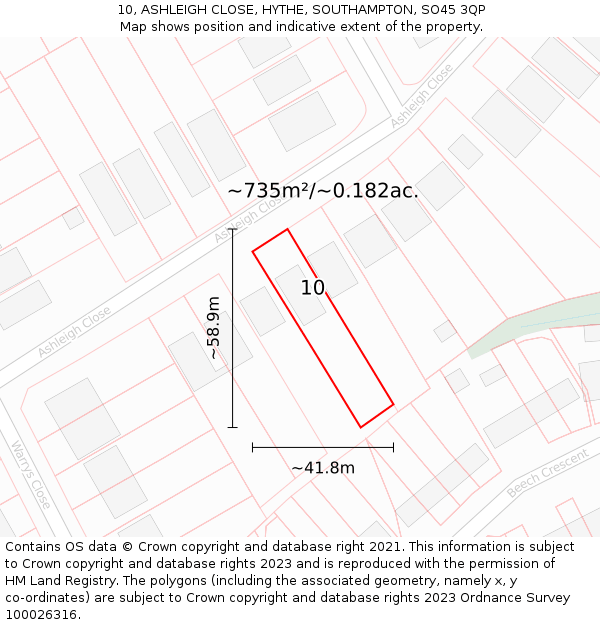 10, ASHLEIGH CLOSE, HYTHE, SOUTHAMPTON, SO45 3QP: Plot and title map