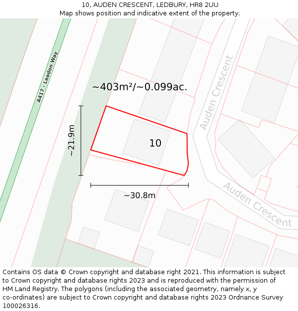 10, AUDEN CRESCENT, LEDBURY, HR8 2UU: Plot and title map