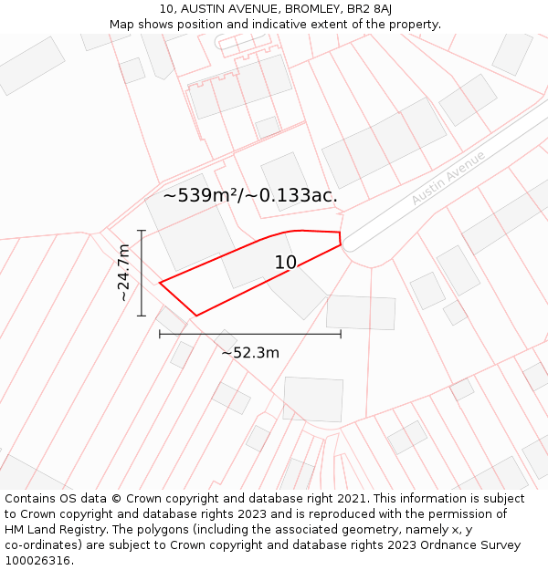 10, AUSTIN AVENUE, BROMLEY, BR2 8AJ: Plot and title map