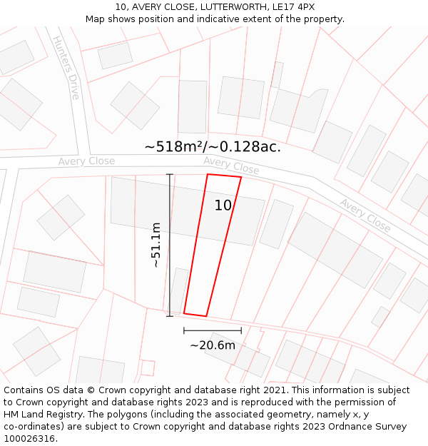 10, AVERY CLOSE, LUTTERWORTH, LE17 4PX: Plot and title map