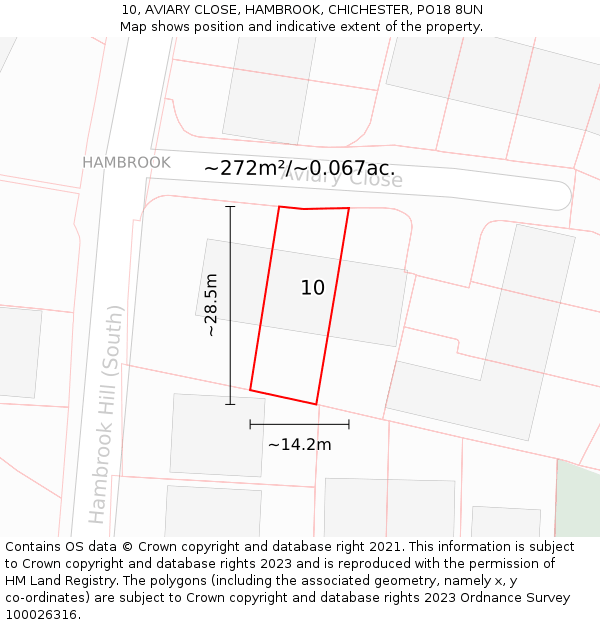 10, AVIARY CLOSE, HAMBROOK, CHICHESTER, PO18 8UN: Plot and title map