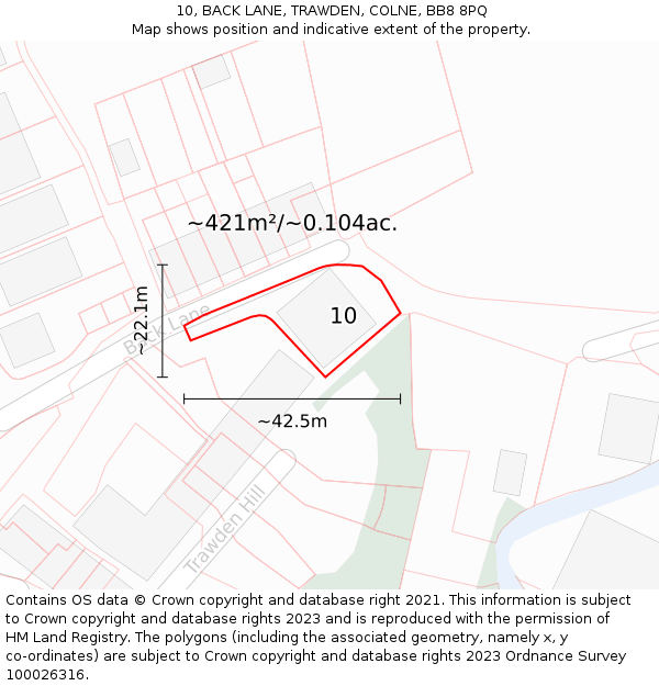 10, BACK LANE, TRAWDEN, COLNE, BB8 8PQ: Plot and title map