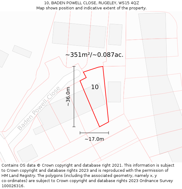 10, BADEN POWELL CLOSE, RUGELEY, WS15 4QZ: Plot and title map