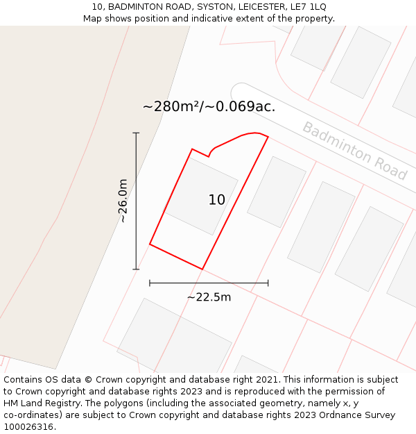 10, BADMINTON ROAD, SYSTON, LEICESTER, LE7 1LQ: Plot and title map