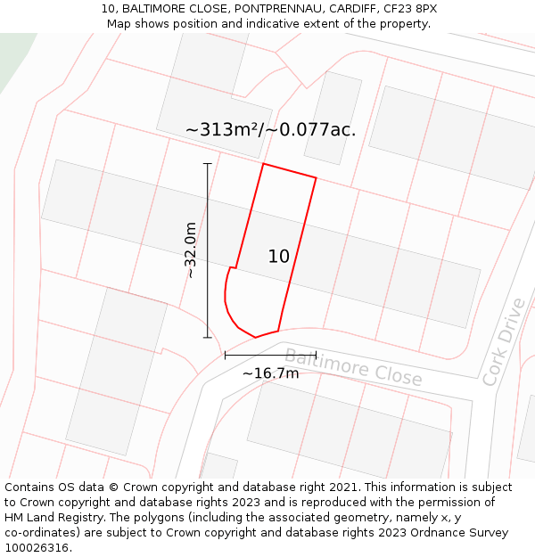 10, BALTIMORE CLOSE, PONTPRENNAU, CARDIFF, CF23 8PX: Plot and title map