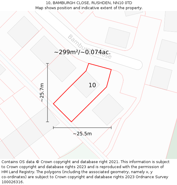 10, BAMBURGH CLOSE, RUSHDEN, NN10 0TD: Plot and title map