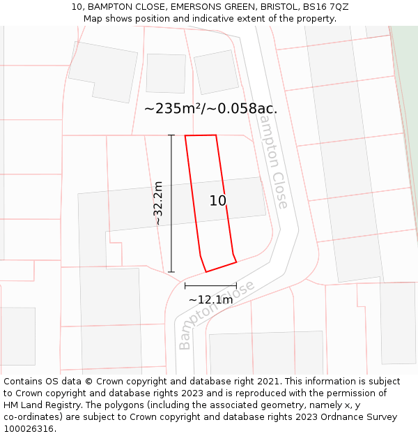 10, BAMPTON CLOSE, EMERSONS GREEN, BRISTOL, BS16 7QZ: Plot and title map
