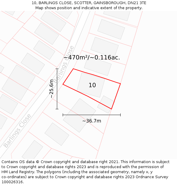10, BARLINGS CLOSE, SCOTTER, GAINSBOROUGH, DN21 3TE: Plot and title map