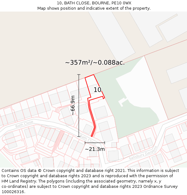 10, BATH CLOSE, BOURNE, PE10 0WX: Plot and title map